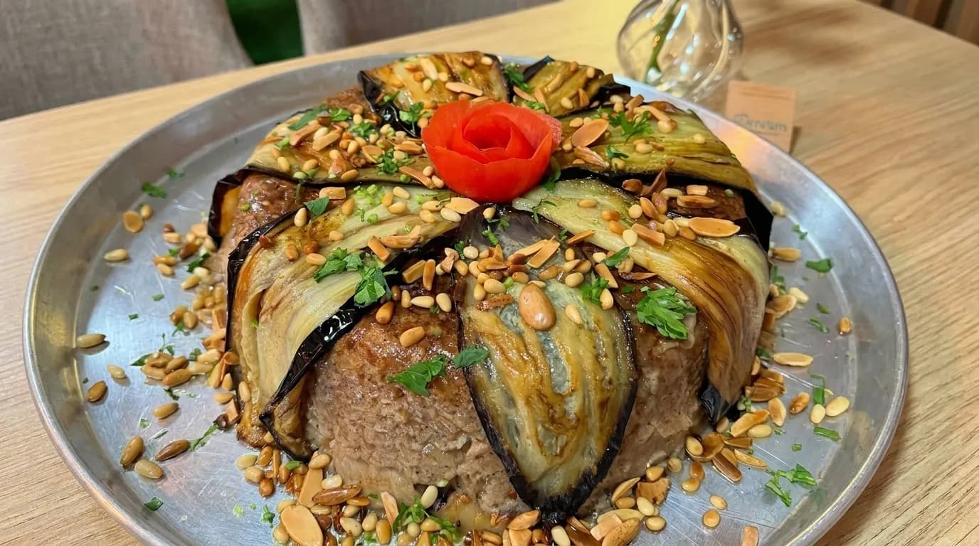 Rice dish covered with eggplant and topped with nuts and herbs at Merci Restaurant & Cafe