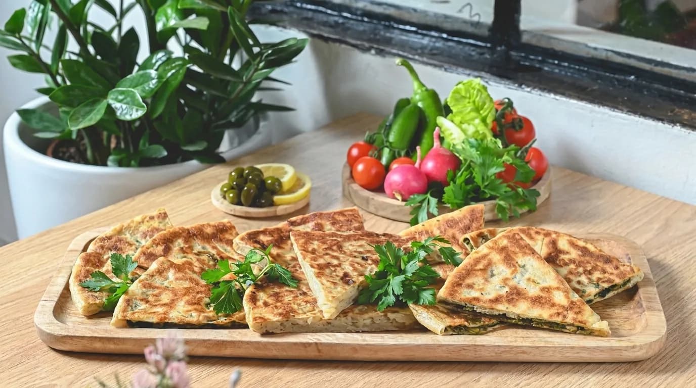Stuffed baked pieces served with fresh vegetables at Merci Restaurant & Cafe