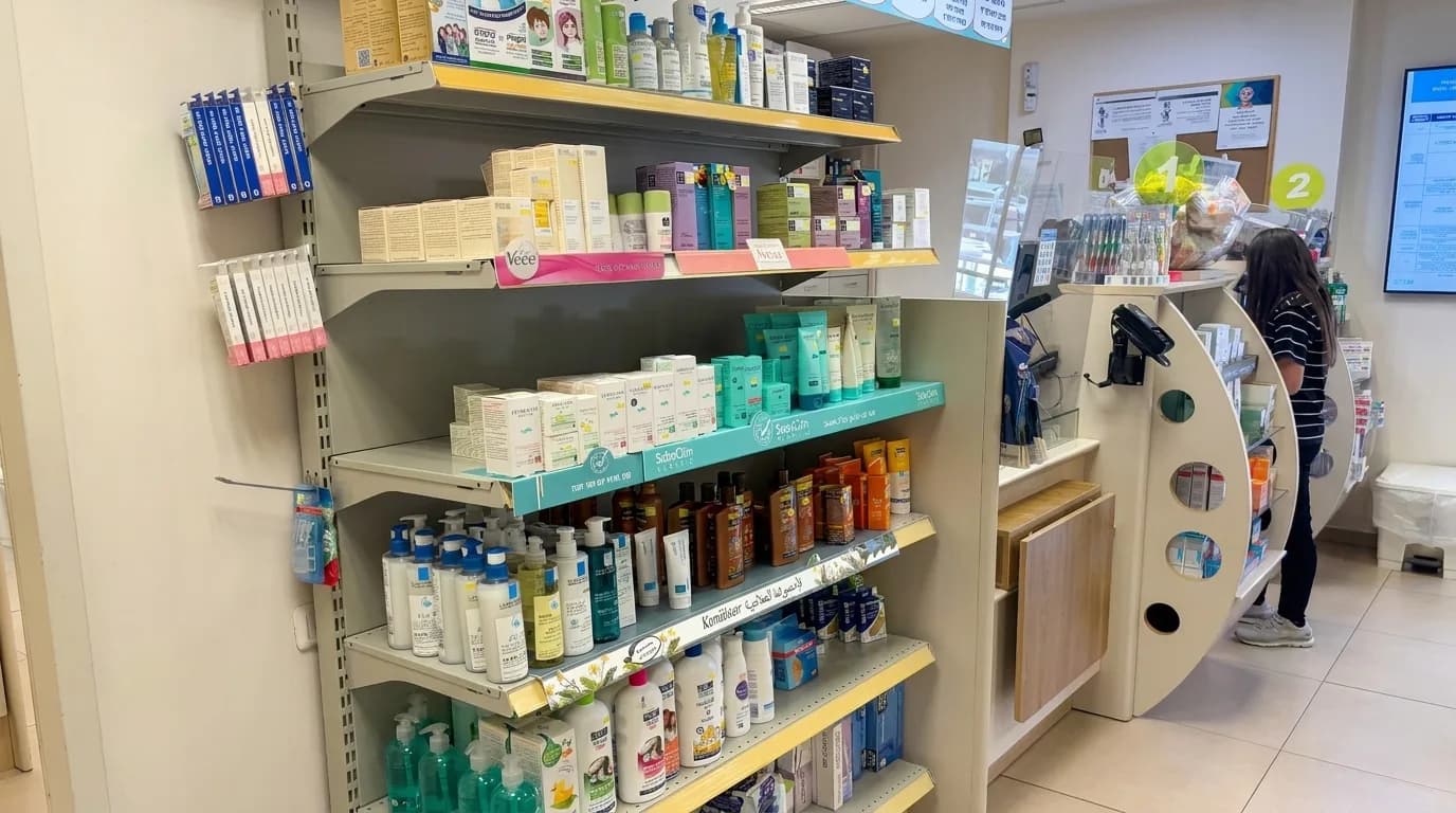 Pharmacy shelves with health and personal-care products inside Clalit Majdal Shams