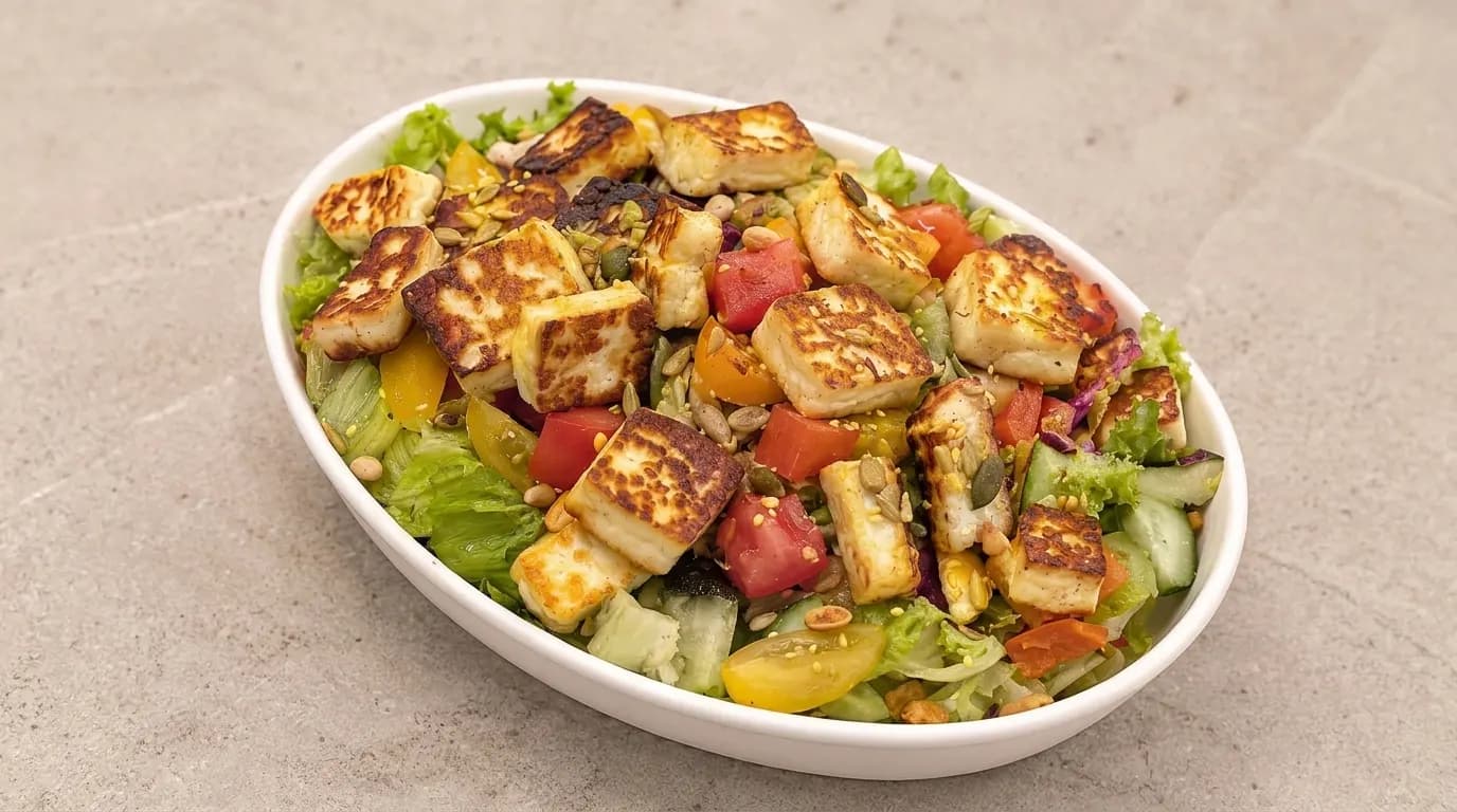 Salad bowl topped with grilled cheese cubes, vegetables, and seeds at Moringa Cafe