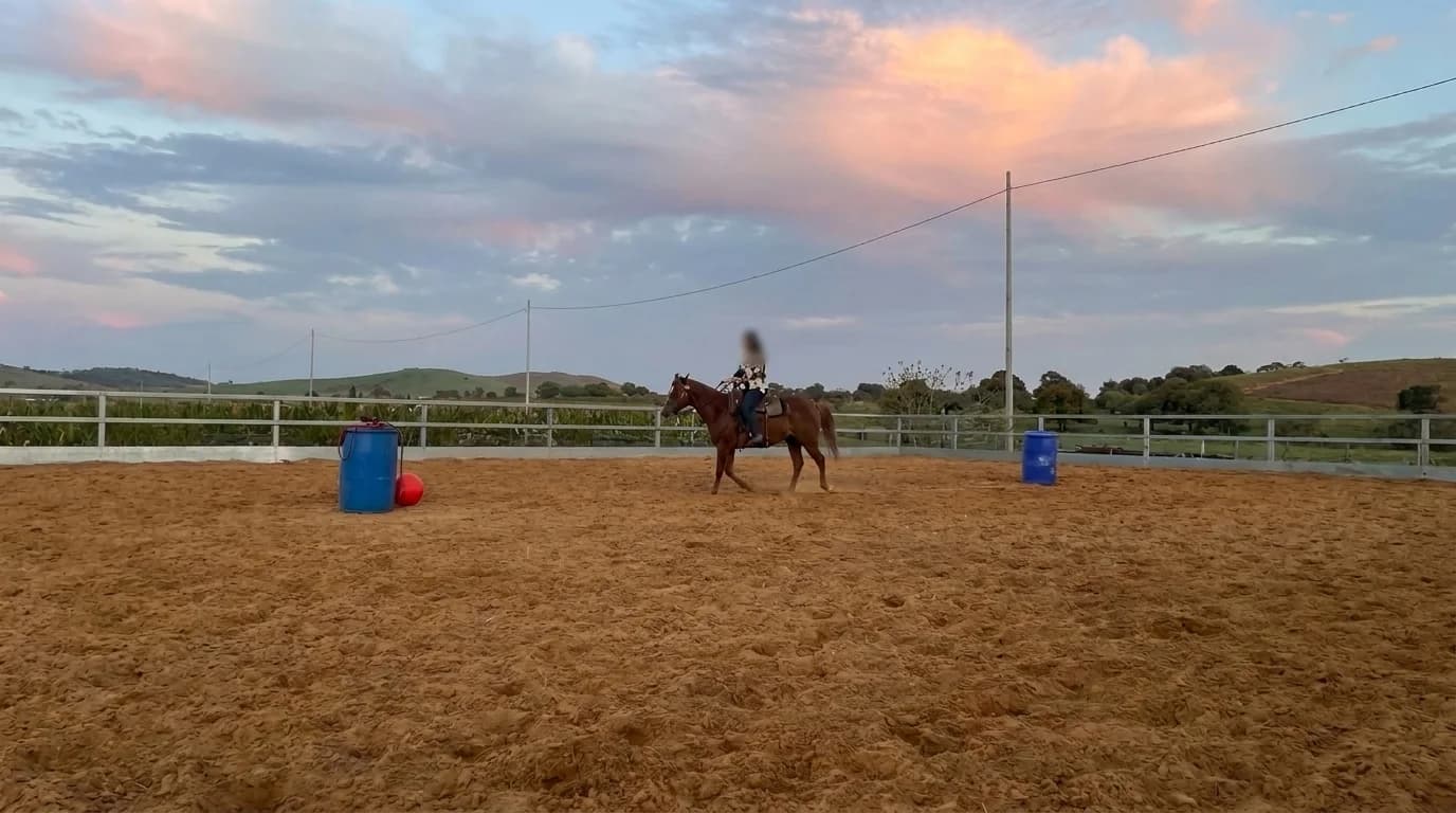 Rider on horseback inside the outdoor arena at Har Odem Farm
