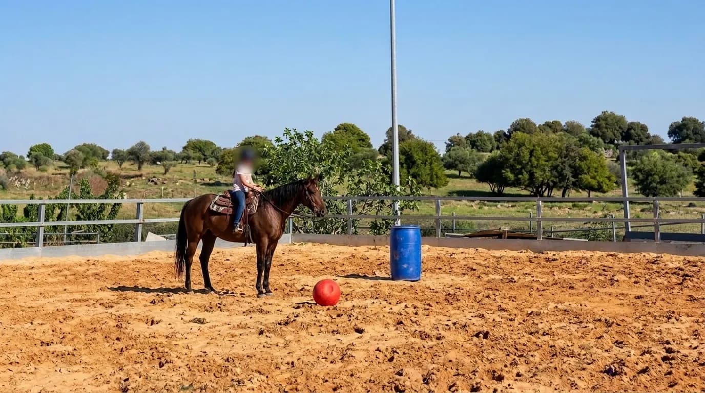 Horse standing inside the outdoor riding arena at Har Odem Farm