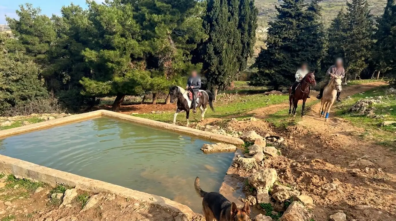 Horseback riders passing beside a pond with Al Ajeed Horse Farm