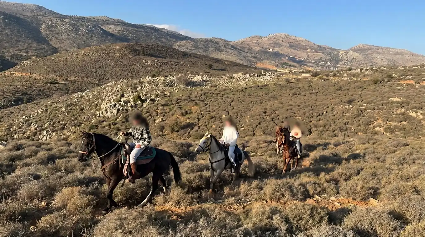 Group horseback ride through the mountain landscape with Al Ajeed Horse Farm
