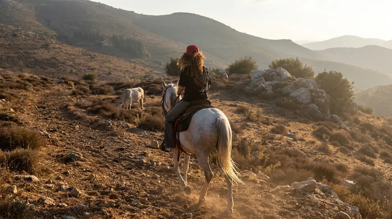 Horseback rider travelling along an open mountain trail with Al Ajeed Horse Farm