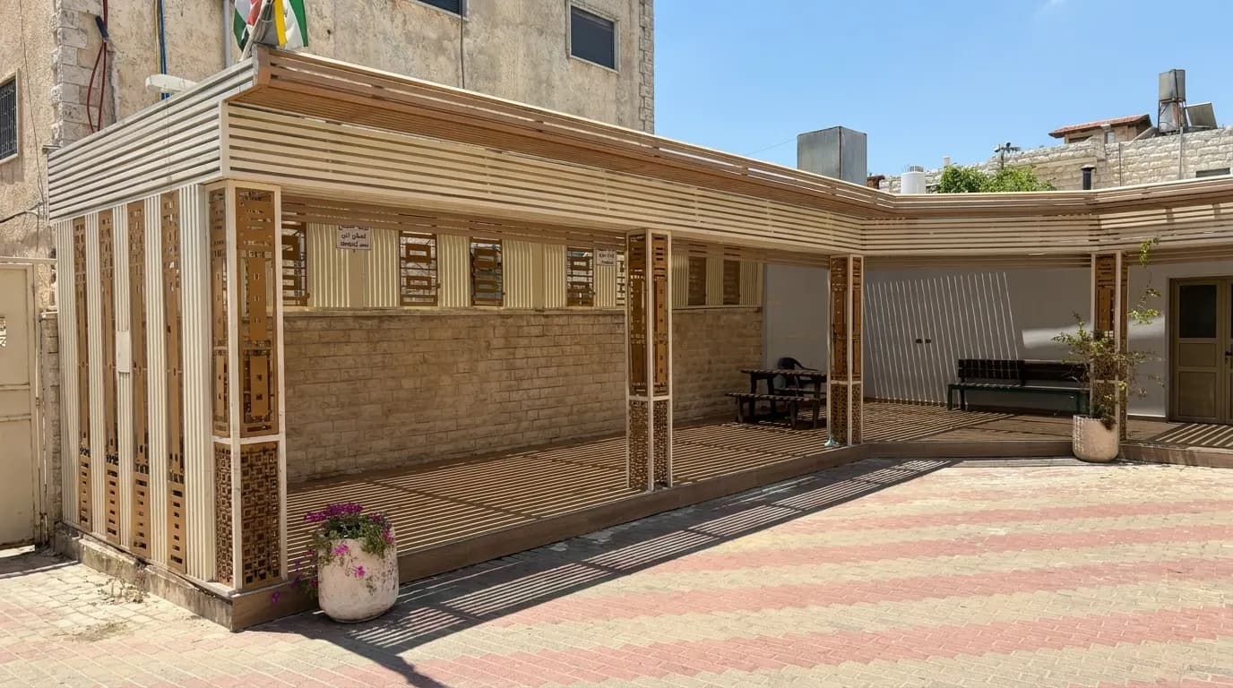 Shaded courtyard and seating area at Prophet Al-Khidr Shrine in Buq'ata