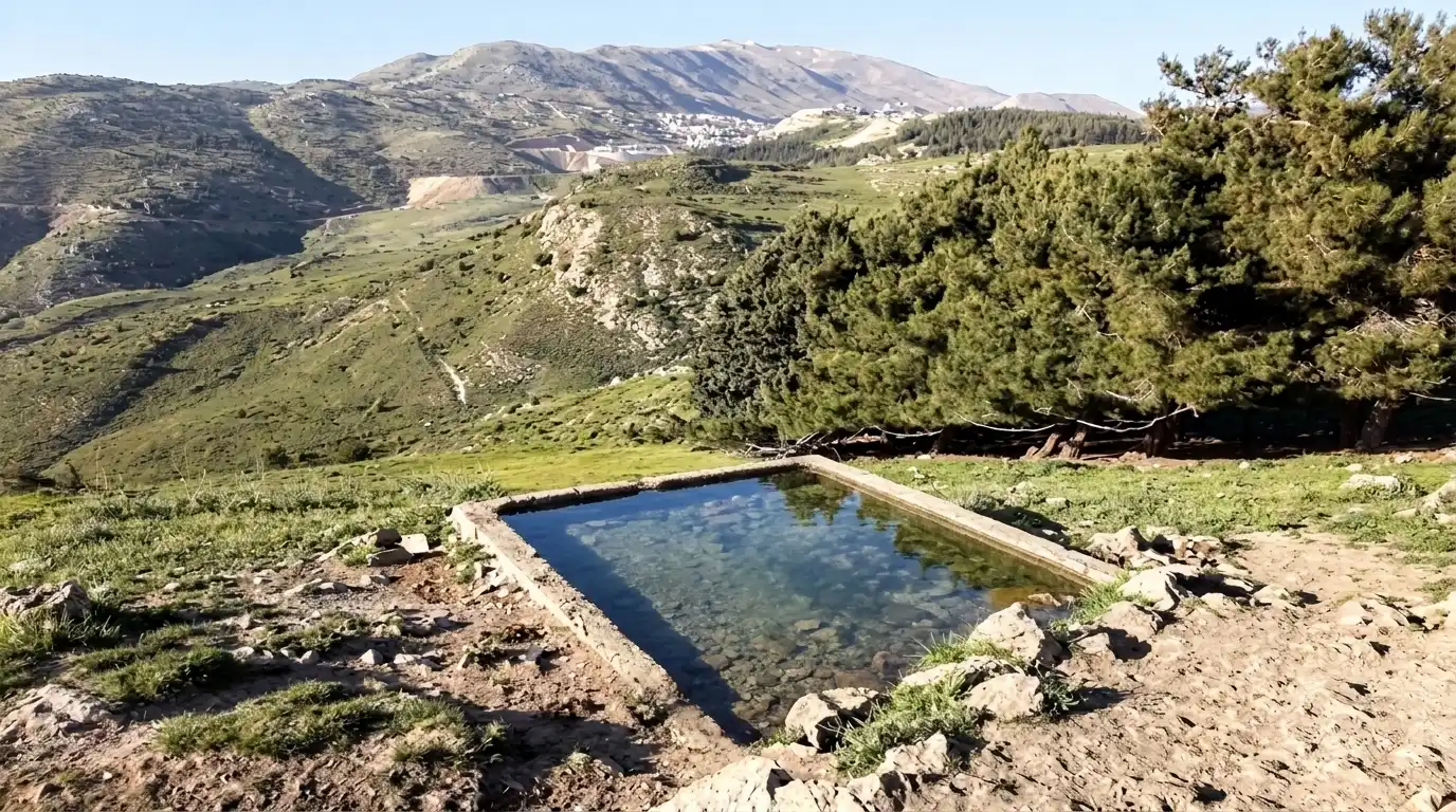 Rectangular spring pool at Ain Lubna with mountain views near Majdal Shams