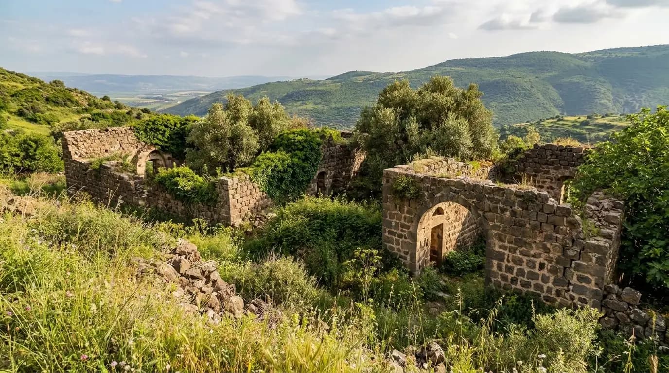 بقايا مبانٍ حجرية محاطة بالخضرة في عين فيت