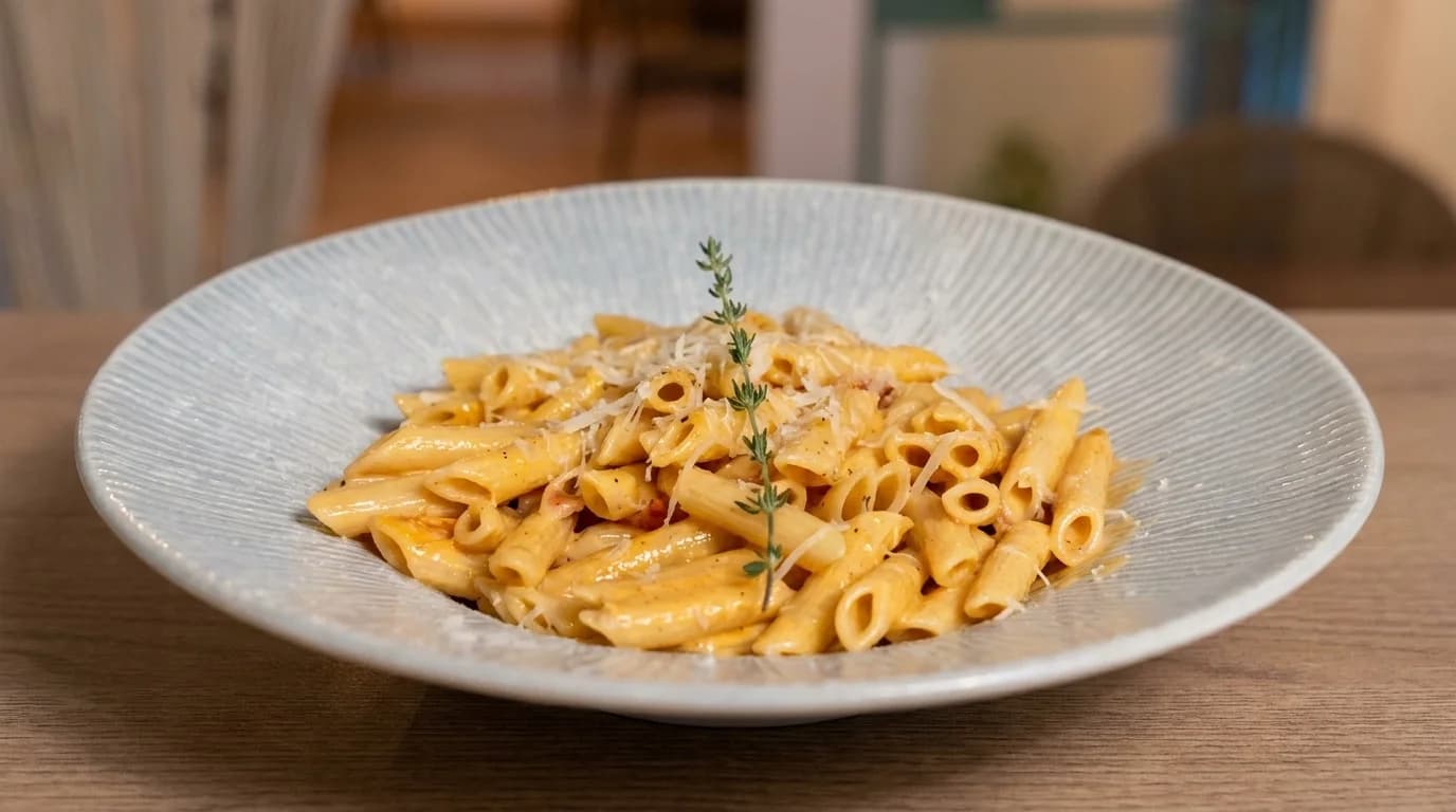 Penne pasta dish served at Bab Sharqi Restaurant in Majdal Shams